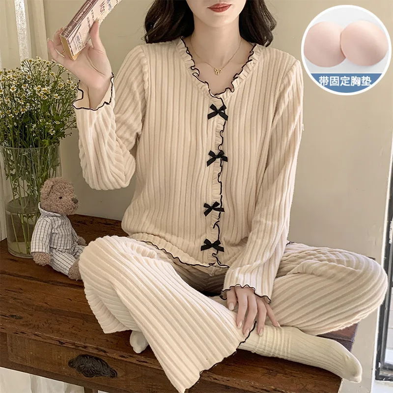 

M-2XL Cashmere Pajamas Set Women's Winter Home Clothes with Chest Pads Korean Long Sleeve Sleepwear Velvet Thick Warm Loungewear