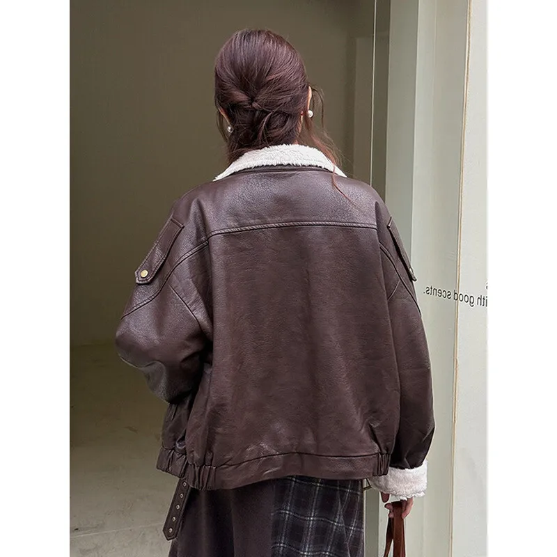 YERMORA Zwart PU Lederen Rits Vintage Jas Voor Vrouwen Revers Lange Mouw Losse Nieuwe Jas Mode Tij Herfst Winter 2025