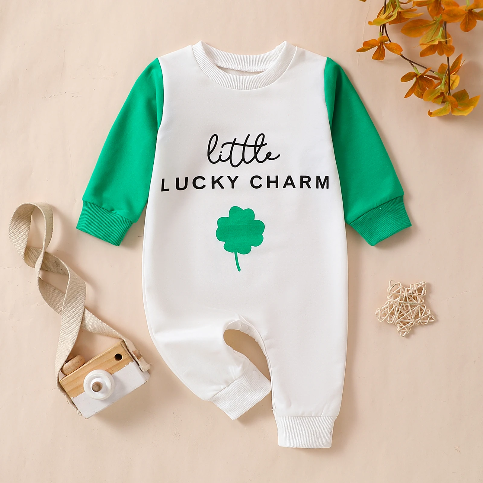 Unisex Baby Romper Spring Autumn Season Four-leaf Clover Print Long Sleeve Crawler Saint Patrick's Day Theme