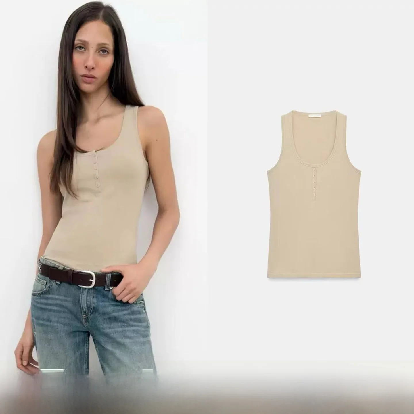 Women's Summer New round Neck Sleeveless Button Detail Linen Blend Top Slim Fit H-Shape Vest Cotton 70% Linen 30% Material