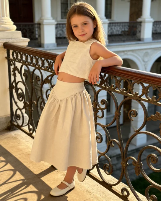 

2026 New Korean Edition Girls Cotton and Hemp Spring Summer Tank Top Short Skirt Childrens Solid Color Two Piece Set