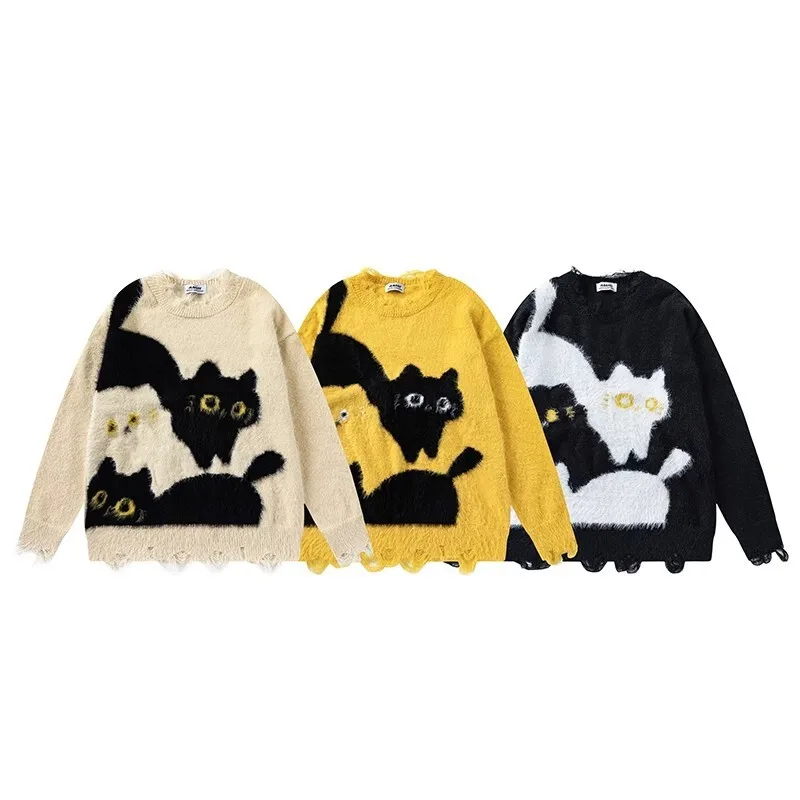 Unisex Knitting Sweater 2025 Spring Autumn New Retro Cat Print Sweater Preppy Cute Unisex Loose Casual Versatile Knit Top
