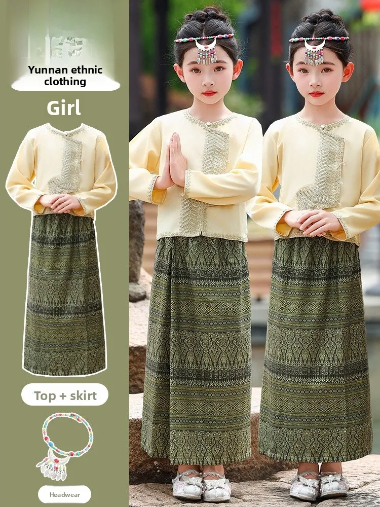 

Повседневная детская одежда для девочек: Новый этнический костюм Сле Тай для фестиваля Водного праздника, традиционный костюм с гуфуем (флейтой-горлянкой)