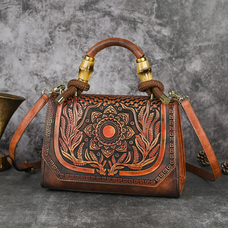 MOTAORA 2025 New Retro Chinese Style Shoulder Bag Embossed Handmade Crossbody Tote Bag Female PU Leather Messenger Handbag Purse