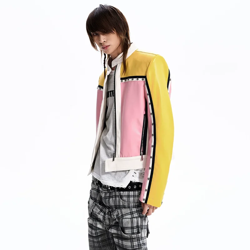 LUZHEN 2026 New Stripe Outline Printed High Quality Stand Neck Leather Pu Jacket Men's Fashion Handsome Short Coat Male JY9086