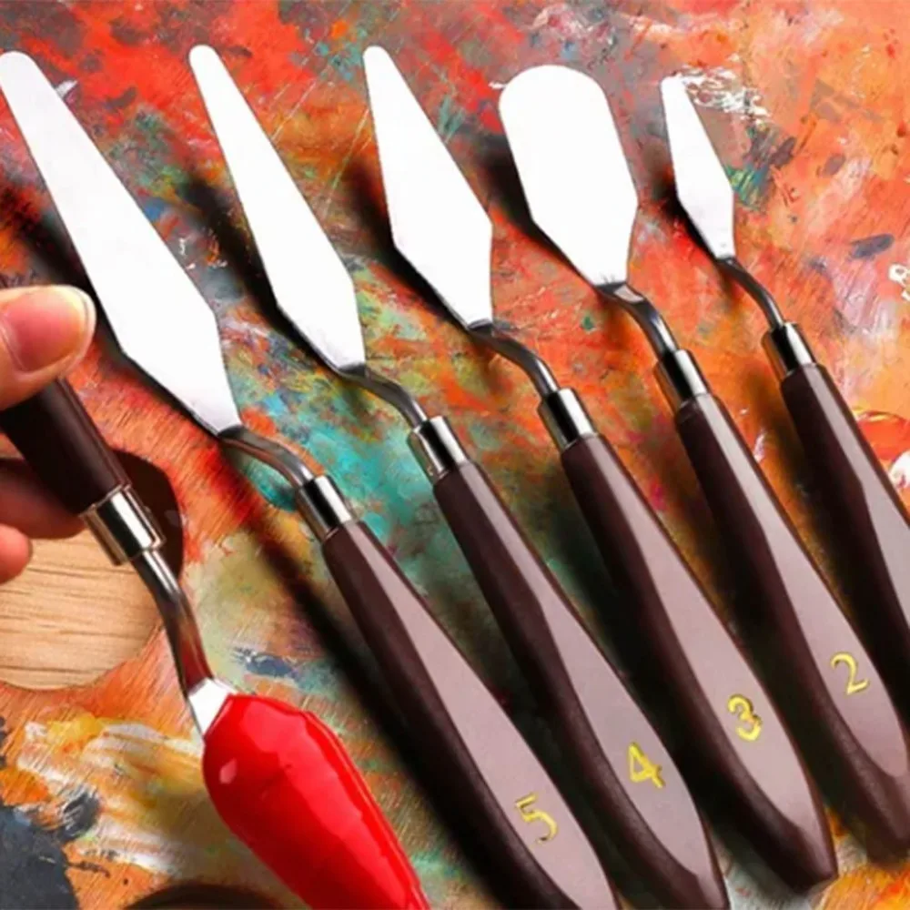 5PCS Wooden Handle Paint Mixing Spatula Metal Working Head Smooth Polished Body Pigment Blending Tool