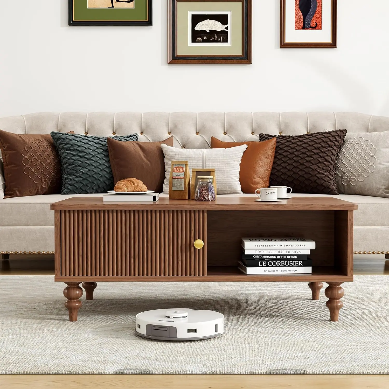 

Mid-Century Modern Wooden Coffee Table with Storage, Slatted Door, Solid Wood Legs, Retro Coffee Table with Open Shelf for Home