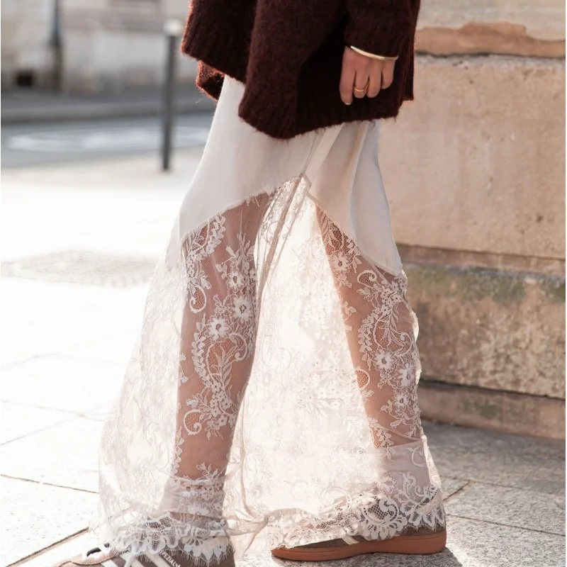 Elegancka czarna satynowa spódnica damska z patchworkiem, codzienna, z wysokim stanem, do kostek, modna, klasyczna spódnica, odzież damska, styl Y2K