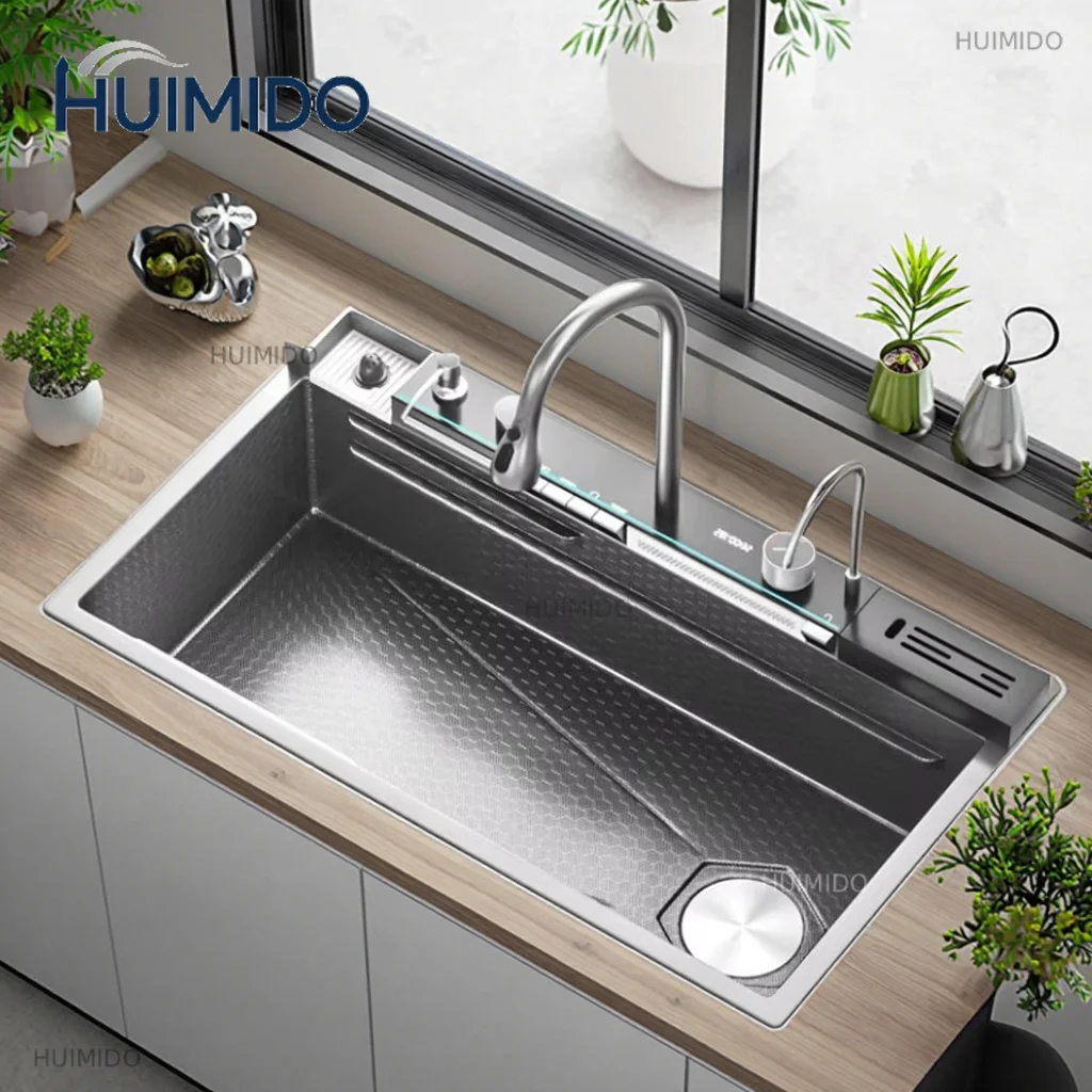 Stainless Steel Kitchen Sink Multifunctional Large Single Slot With Knife Holder Digital Display Wash Dish and Vegetables Basin