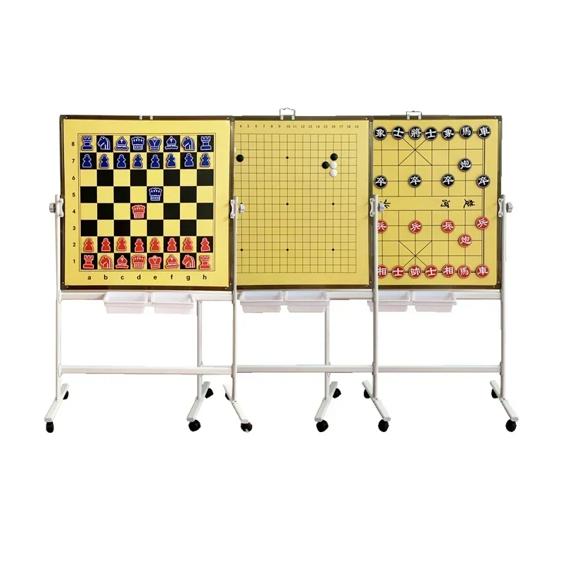 the Iron Vertical Chess Board with Three Board Styles and Wheel Base