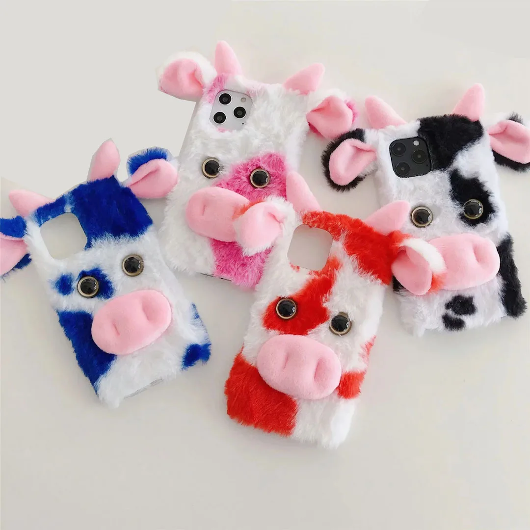 3D Cartoon Cute Cow Furry Phone Case Cover For Iphone 16 12 13 14 15 Pro Max Samsung Galaxy S22 S23 FE S24 Plus Note 20 Ultra