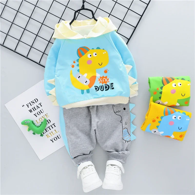 Spring Baby Boys Girls Clothing Sets Toddler Kids Clothes Outfits Children Hooded T Shirt Pants Cartoon Dinosaur Infant Costume