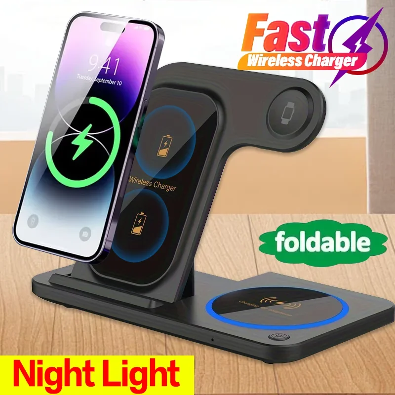 3 In 1 Wireless Charger Stand Pad Night Light Desk Travel Fast Wireless Charging Station For iPhone 16 15 14 13 iWatch Airpods