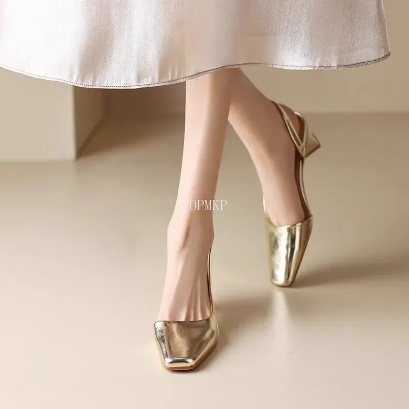 Summer Women Genuine Leather Pumps Square Toe Chunky Mid Heels Concise Ladies Fashion Career Shoes Silver Gold Shoes for Women