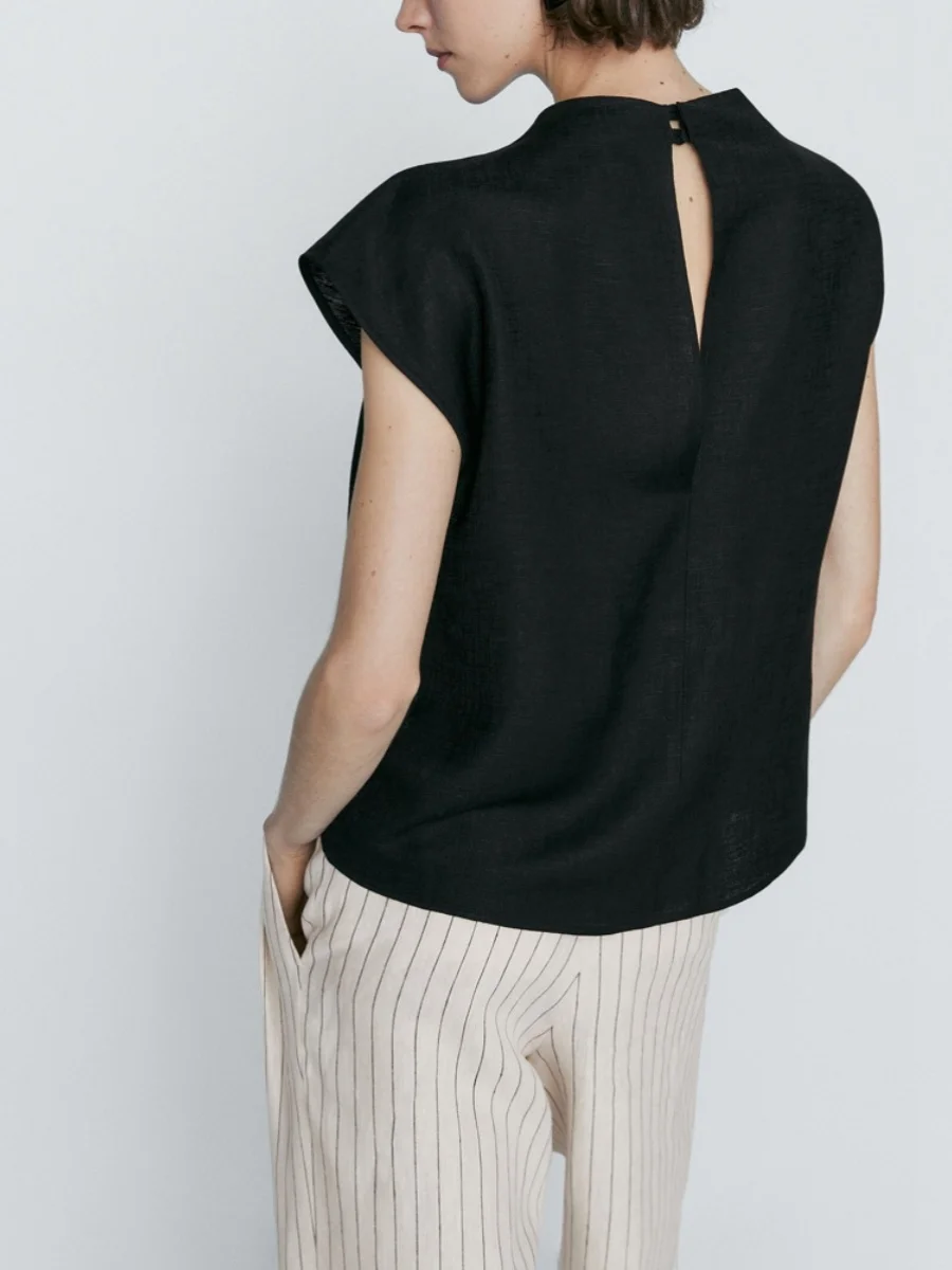 Ele Damska bluzka na lato 2024, nowość, z drapowaniem na ramionach, zwiewna, do pracy, z okrągłym dekoltem, regularny krój.