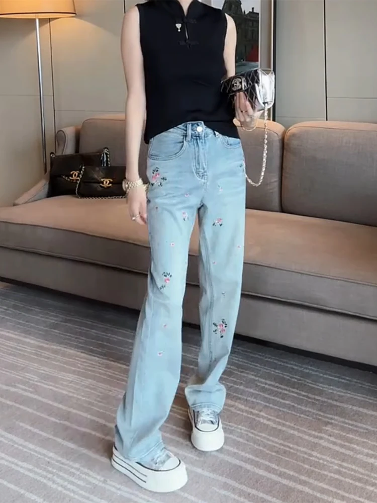 

New Chinese Sle High Waist Straight Leg Jeans Women's Summer Thin Wide Leg Pants Slimming for Pear aped Body Cotton Blend