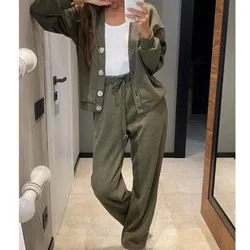 Women's Autumn New Casual Two Pice Set Solid Color V-neck Long-sleeved Cardigan Top Jacket Lace-up Sweatpants Fashion Pants Suit
