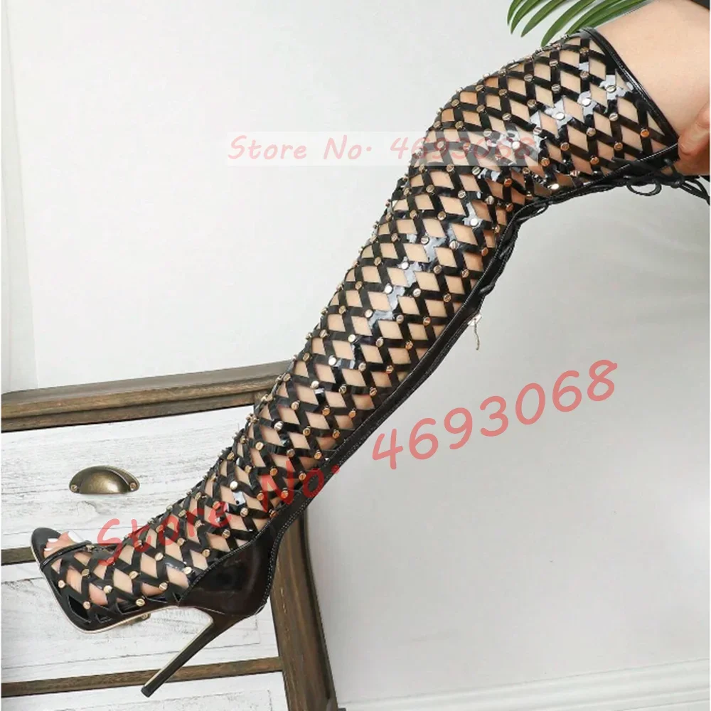 Black Strappy Gladiator Overknee Boots Women Sexy Rivets Decor Patent Leather Stiletto High Heels Fashion Open Toe Long Boots