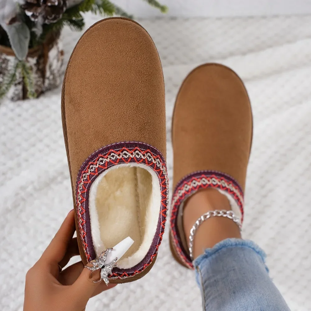 Leather FuWool Slippers Women Snow Boots Keep Warm Platform Cotton Shoes   Autumn and winter long wool cotton boots