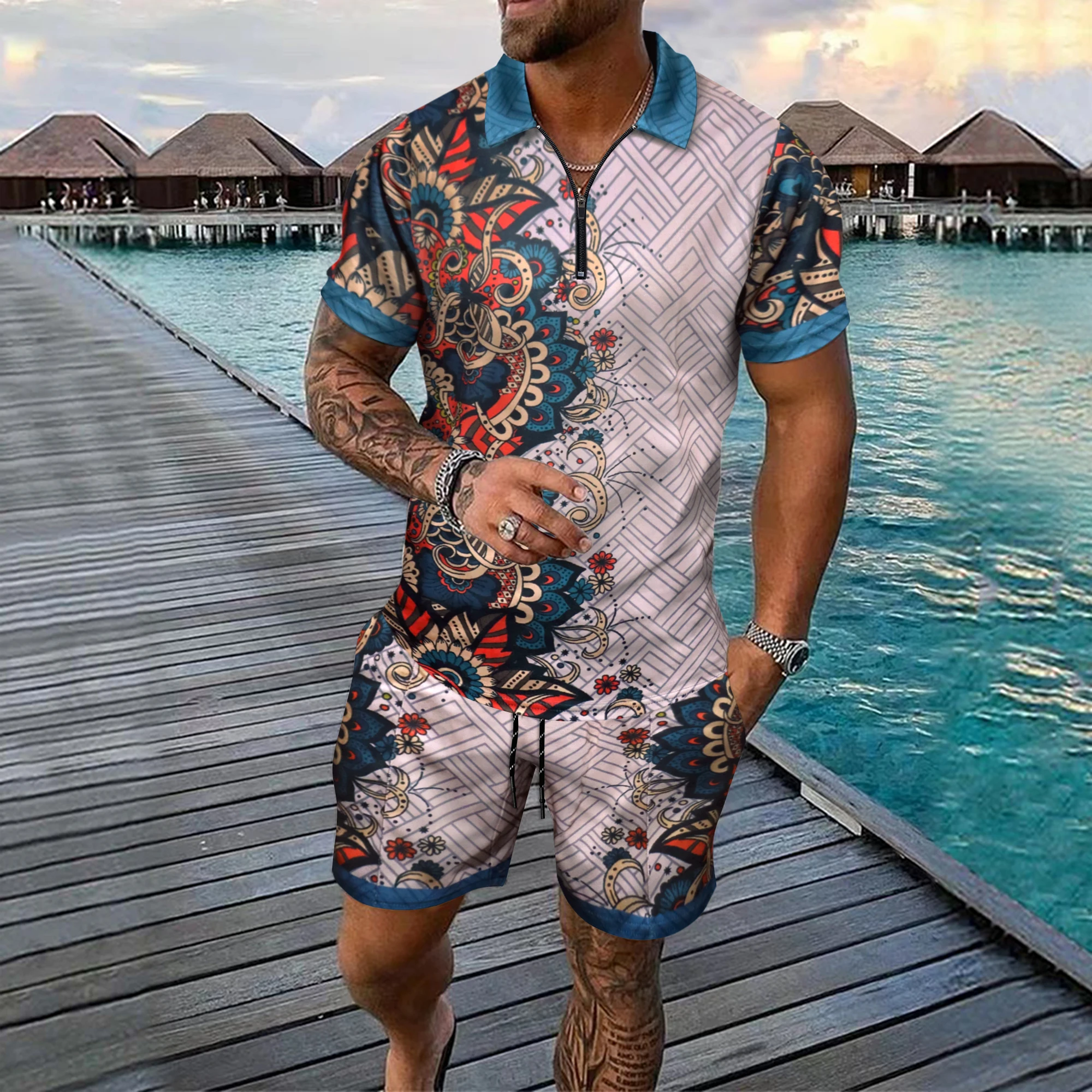 Men's Summer Sets Fashion Luxury Short Sleeve Clothing Casual Zip Polo Shirts Shorts Two-Piece Sports Suits Outfit Tracksuit Men