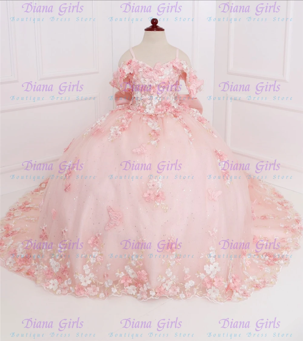 Neues Blumenmädchenkleid aus hochwertigem Tüll, flauschig, exquisite Blumenapplikation für Hochzeit, kleine Prinzessin, Geburtstagsfeier, Abendkleid