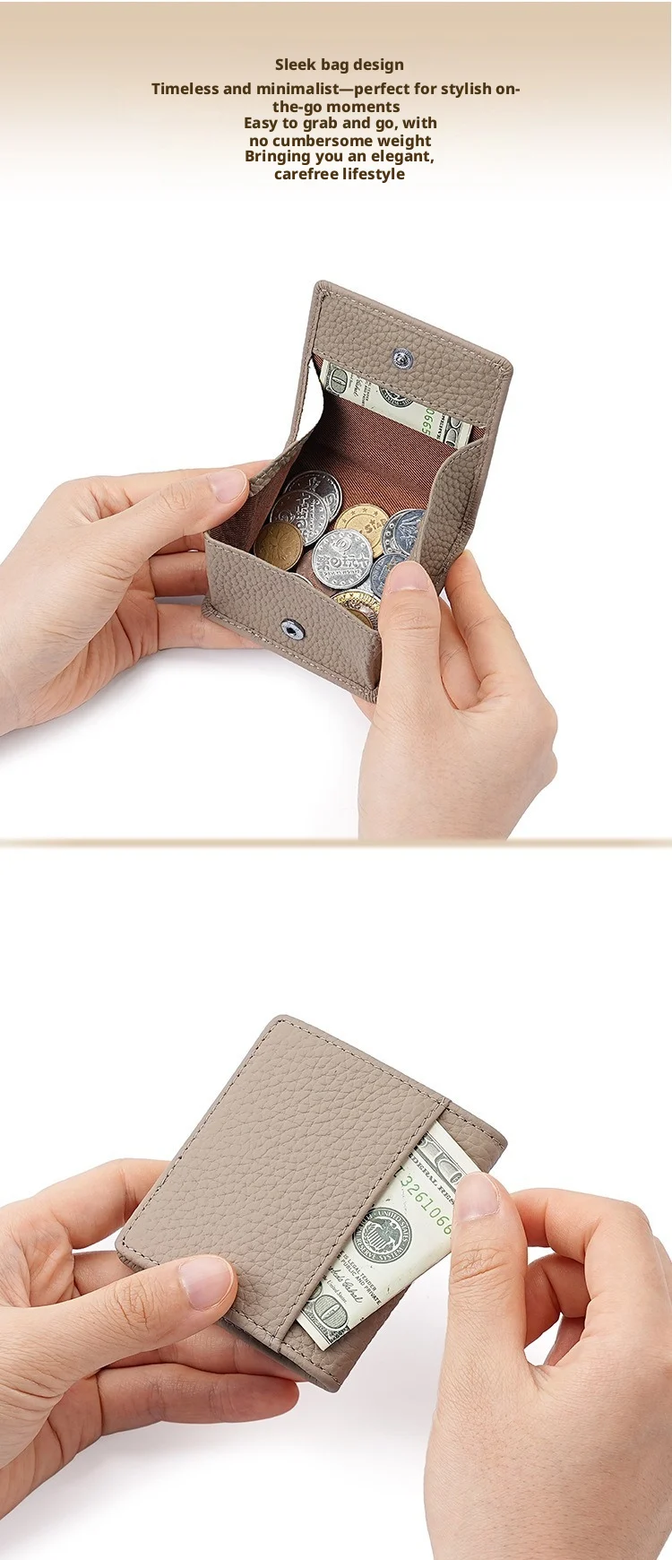 Schlichte Damen-Mini-Geldbörse aus echtem Leder, 80 % Rabatt, ultradünne, weiche Geldbörse aus Rindsleder, zusammenklappbar, tragbare Münztasche mit Druckverschluss, bietet Platz für – Detail 5
