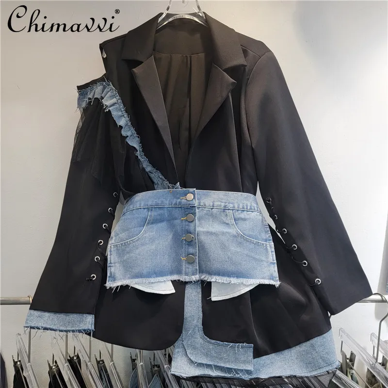 

Heavy Industry High Street Denim Splicing Shoulder Hollow Loose Slim Blazer Spring Autumn New Fashion Long Sleeve Tailored Coat