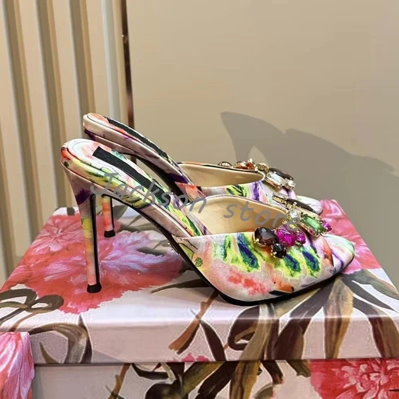 2025 المرأة مختلط الألوان حجر الراين الدنيم النعال عادية عالية الكعب تنوعا العصرية خنجر الراحة فستان أحذية اليدوية