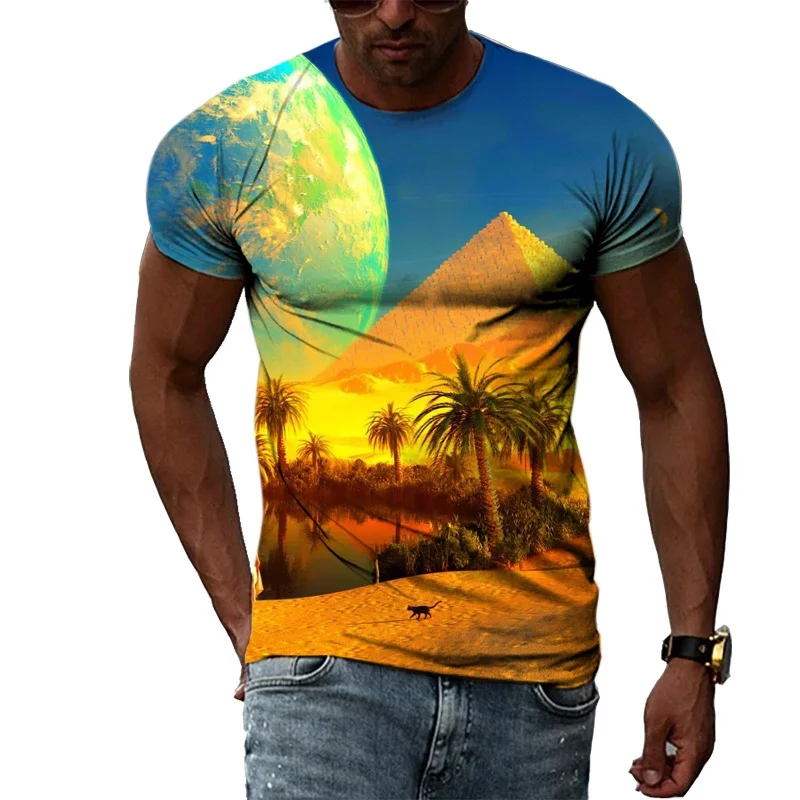 3D Print Grassland Sky T-Shirt For Men Pyramid Fireworks Pattern Tees Fashion Casual Oversize Tops Street Sport O-Neck T Shirts