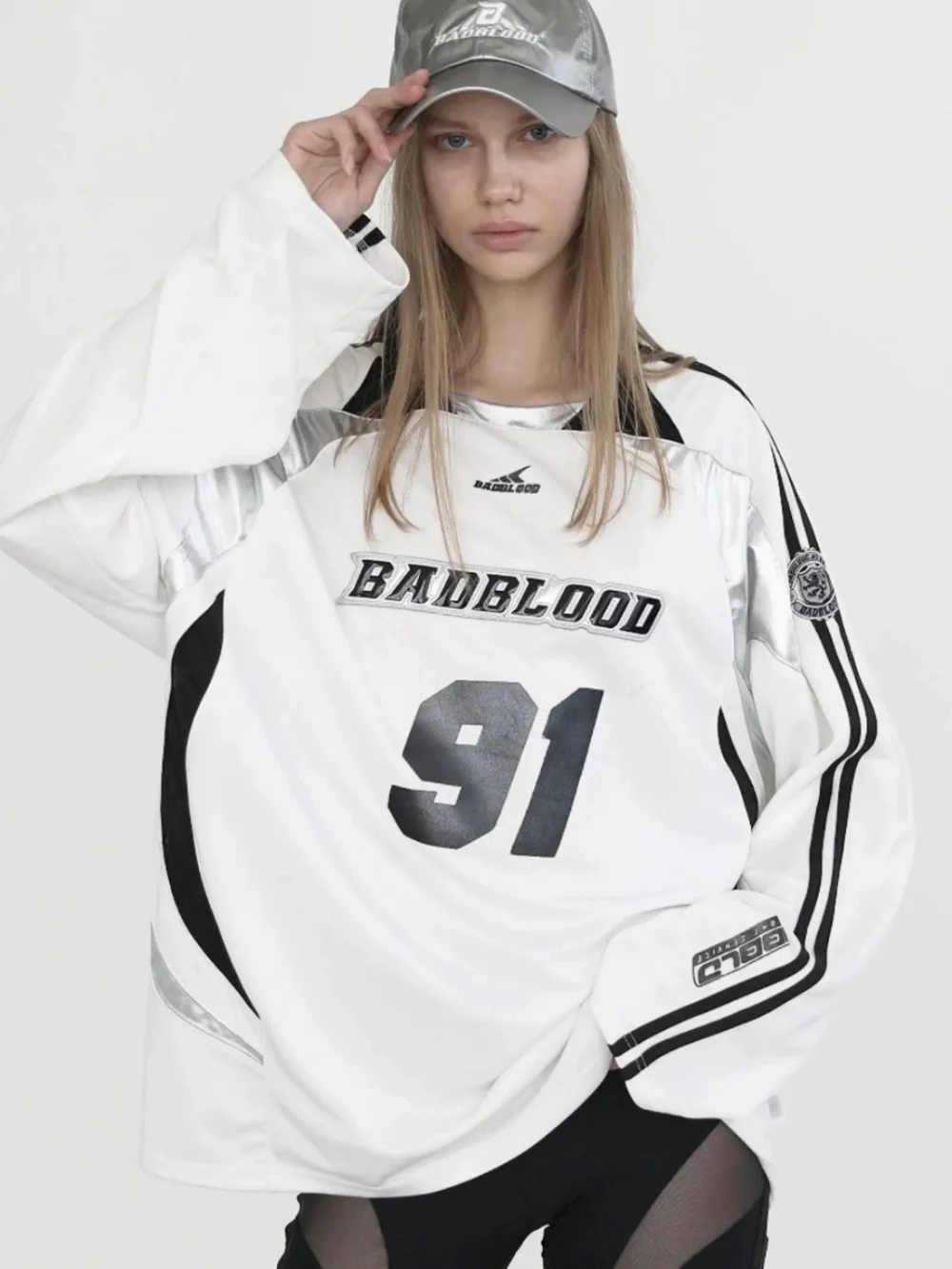 Badblo*d American Retro Sport Sle Long Sve T-shirt Letterborduurwerk Patchwork Loose Fit Ball Jersey voor dames