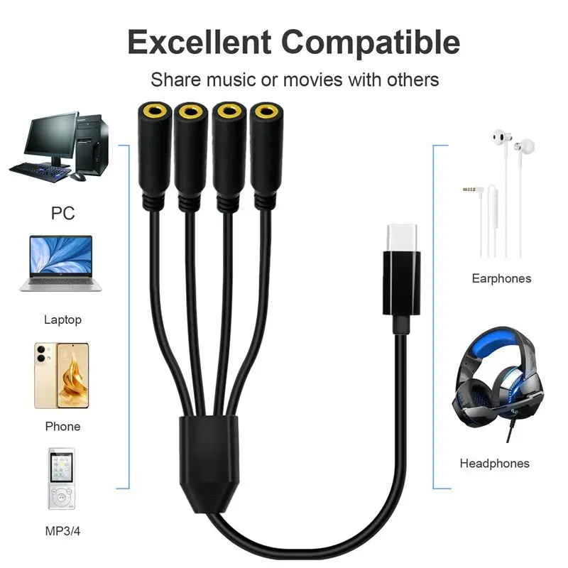 1 to 2/3/4/5/6 Multi Head Type-C M to 3.5mm Female Headphone Adapter Cable DAC Digital Decoding Call Listening Live Audio Cable