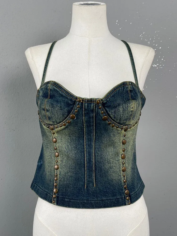 VGH Sexy Spliced Rivet Denim Tank Tops Square Collar Sleeveless Off Shoulder Backless Bandage Slimming Vest Female Summer New