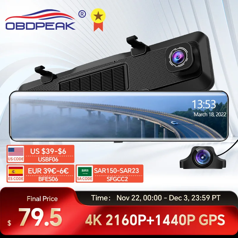 H8 Front 4K 2160P Car Dvr Rear 2K 1440P Camera Rearview Mirror IMX415 WIFI Video Recorder GPS Track Auto Registrar Dash Cam