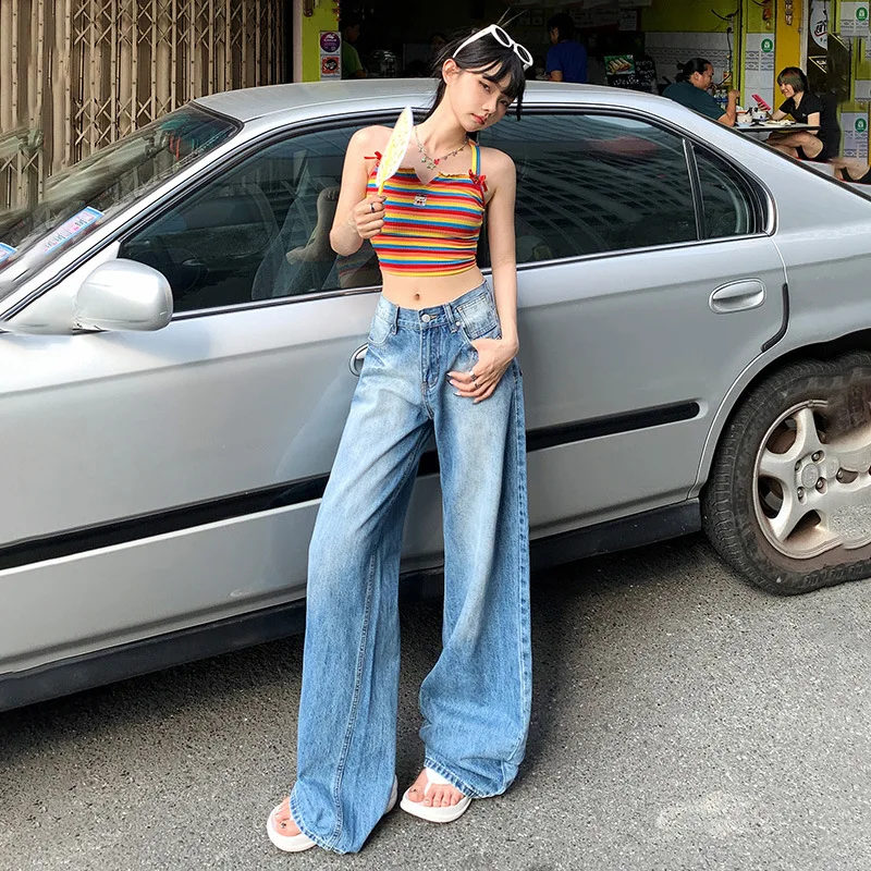 Bleached Full Length Women Washed Jeans Distressed Loose Fit Pockets High Waist Zipper Fly 2024 Summer Vintage Denim Basics