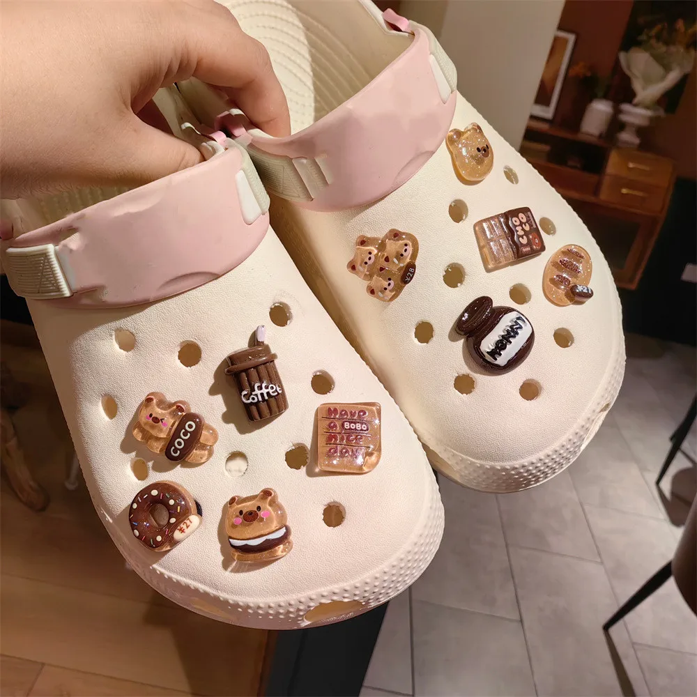 

Lovely Coffee Cartoon Bear Hole Shoe Charms Decorations Milk Tea Colored Donuts Shoes Buckle DIY 3D Hole Shoe Accessories