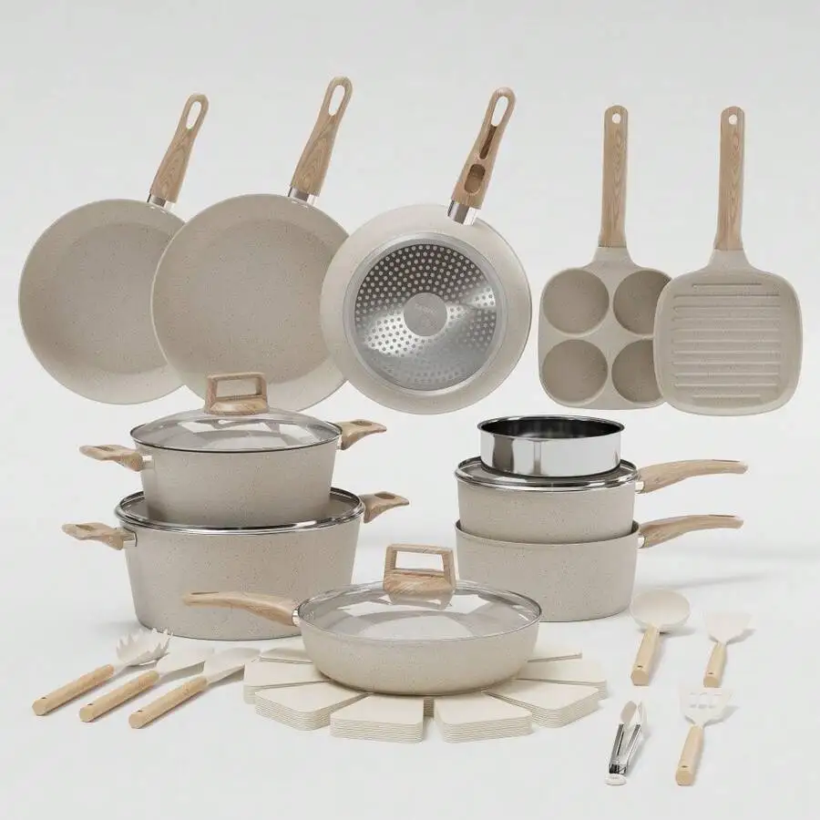 31 Piece Non-Stick Pots And Pans Set Ceramic Cookware Frying Pans, Sauté Pan, Saucepan, Stockpot, Steamer, Grill Pan, Eggpan, Co