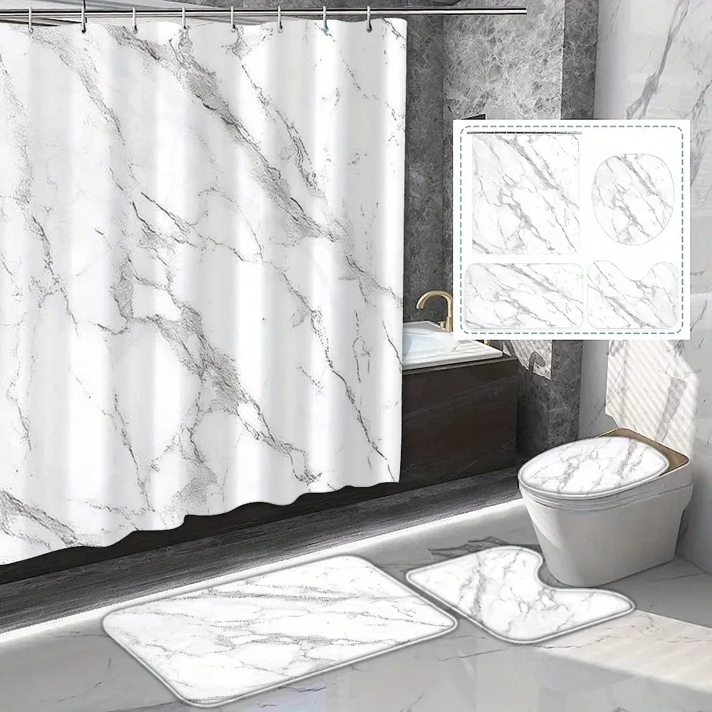 4 Pcs White Marble Shower Curtain Set Waterproof Fabric Bath Curtain Modern Non-Slip Bath Mat Toilet Lid Cover Bathroom Decor