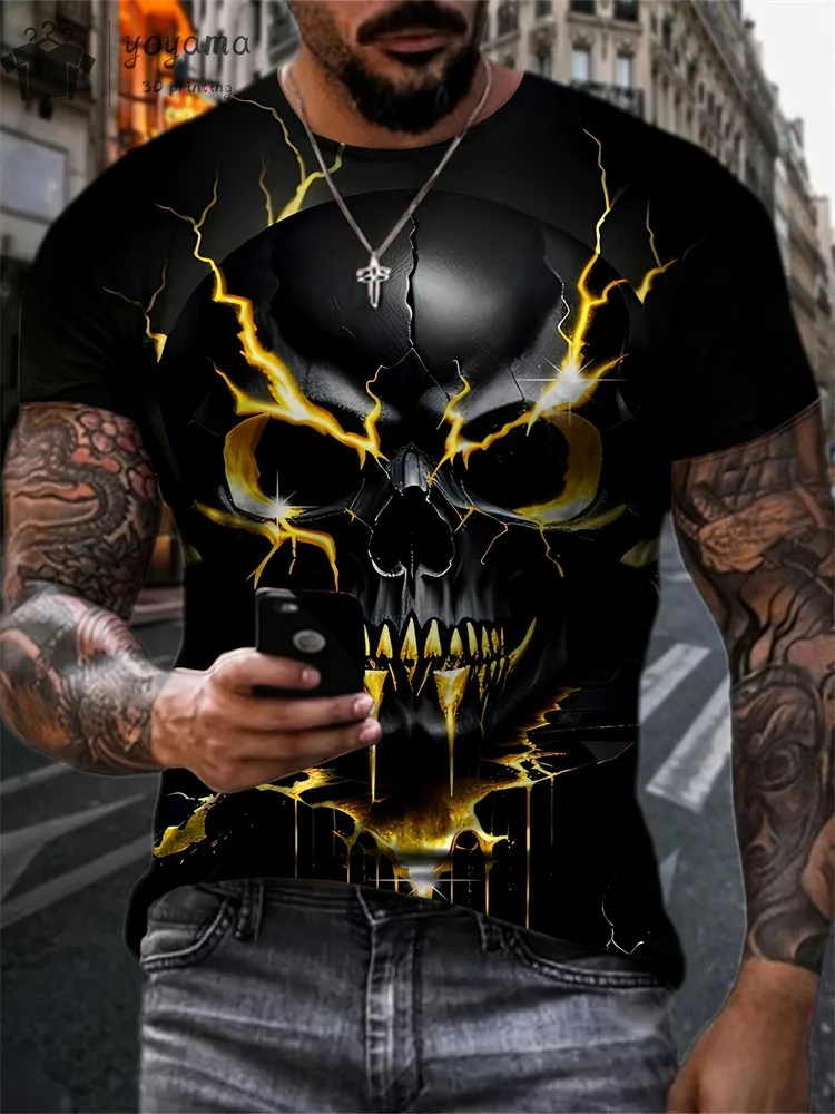 

Men's Summer Horror Skull Print 3D T-Shirt Vintage O-Neck Short Sleeve Oversized MOTO Fashion Casual Top for Men