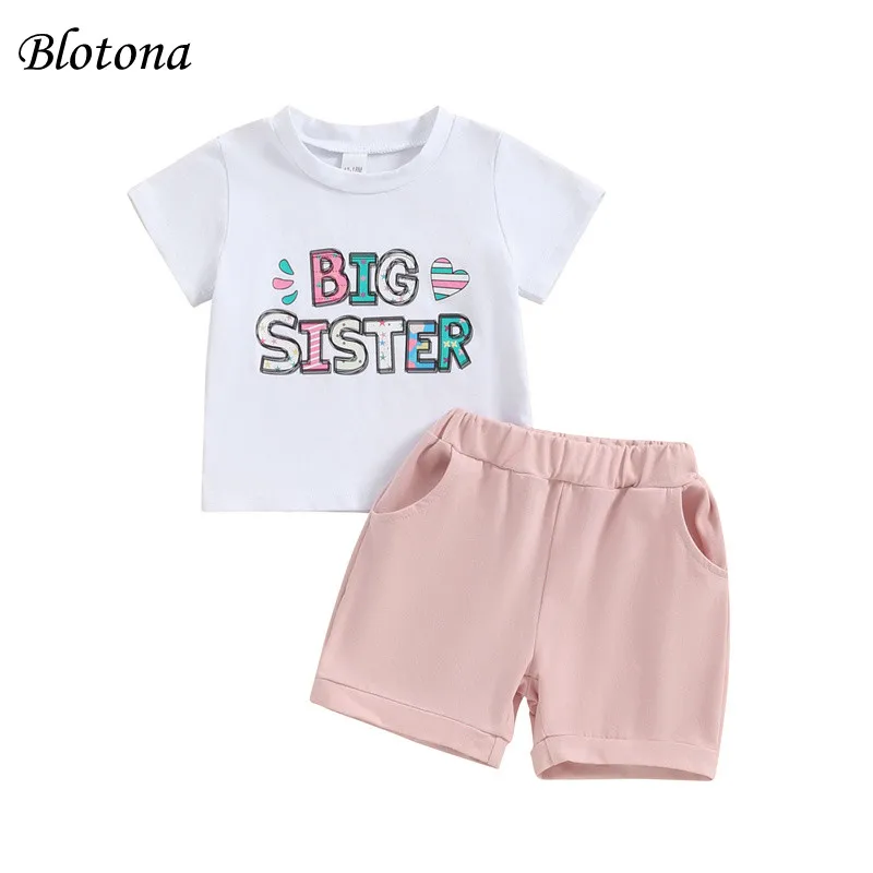 

Blotona Kids Girl Summer Set, Letter Heart Print O-Neck Short Sleeve Tops +Elastic Waist Shorts with Pockets Baby Sister Outfits