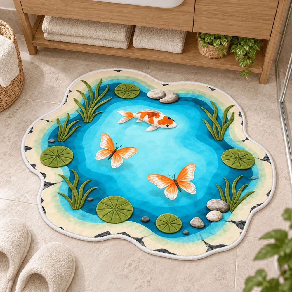 Koi Pond Butterfly Shaped Area Rug, Colorful Fish Water Garden Floor Mat With White Edge For Bedroom, Bathroom And Home Decor