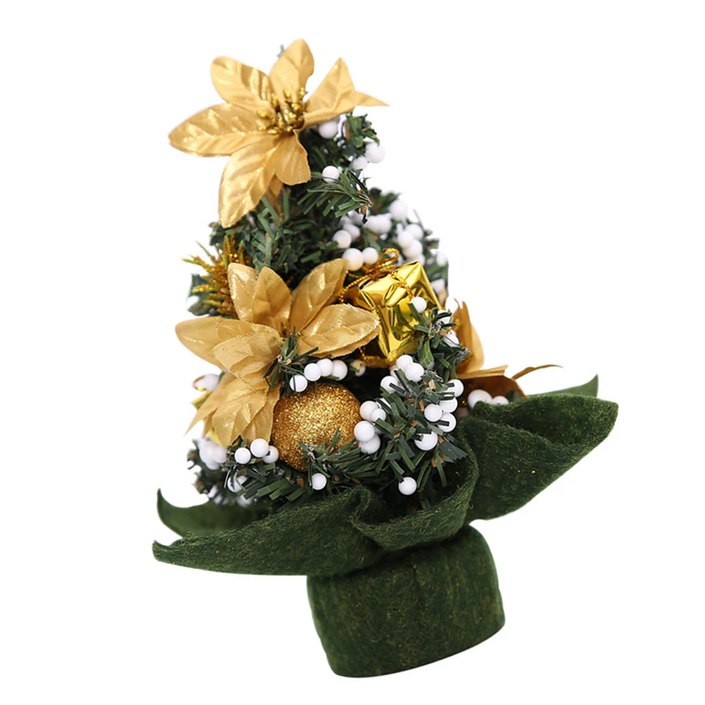 

Tabletop Christmas Tree Golden Flower Pinecone Bows Ornaments for Home Office Holiday Decoration Mini Christmas Tree