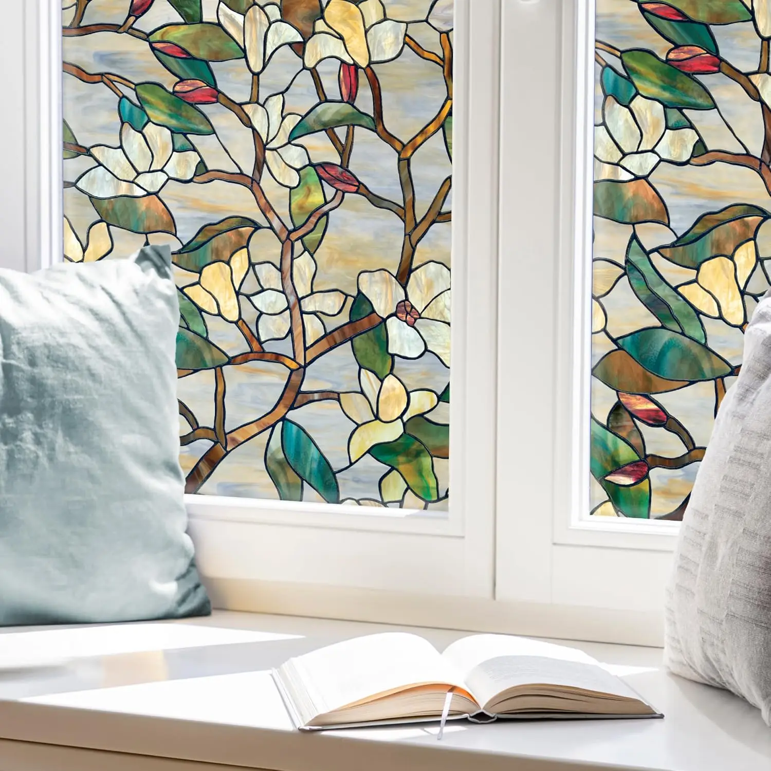Window Film Privacy, Magnolia Floral Non Adhesive Movie for Windows, Privacy Glass Stickers Window Tinting Film for Room Decor