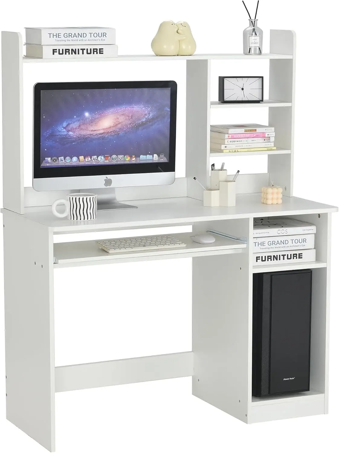 

Ax White Computer Desk With Hutch, Keyboard Tray And Bookshelf For Home Office Bedroom, Homework And School Studying Writing