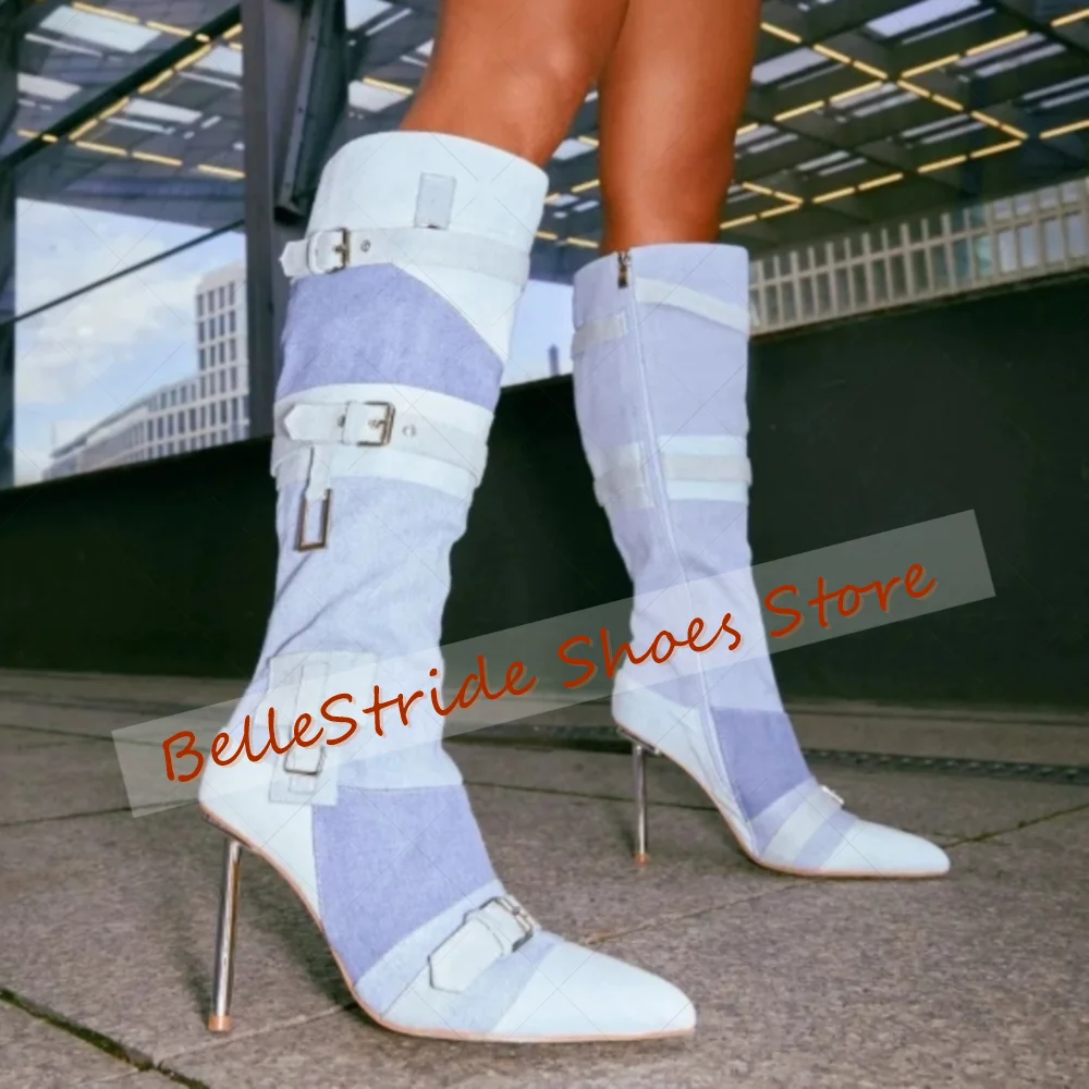 

Blue Side Zipper Buckle Decor Boots Pointed Toe Women Shoes Stilettos High Heels Party Banquet Dating 2025 Zapatos Para Mujere