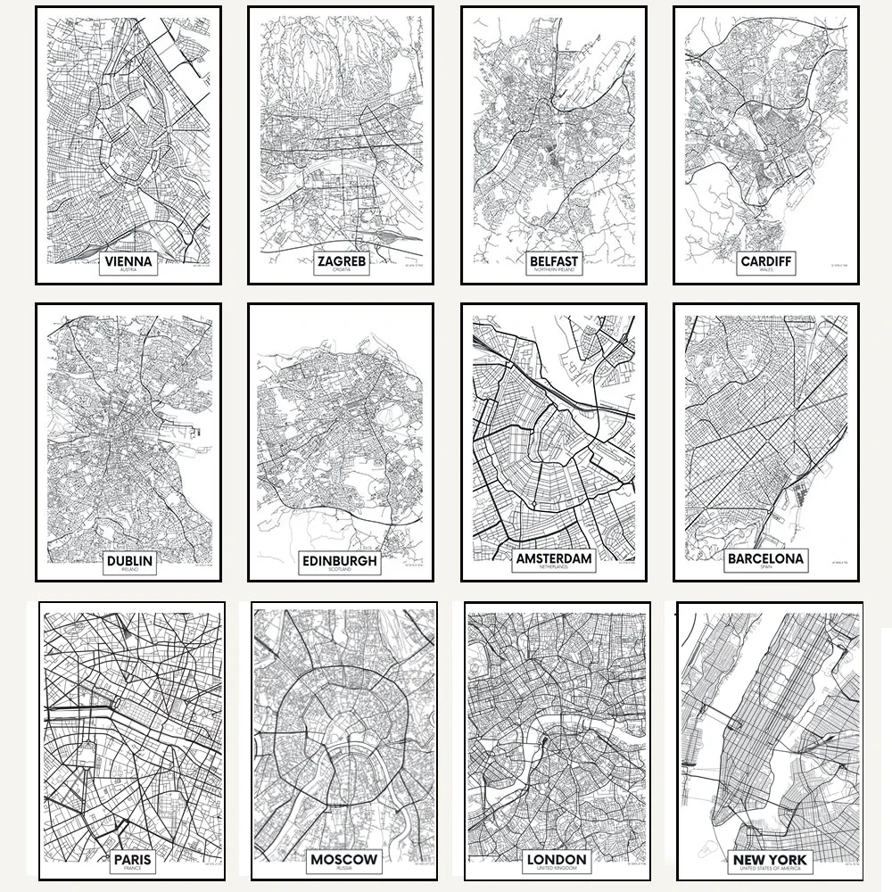 Canvas Painting WANGART Black  White Word Poster City Map Paris London New York Nordic Print Wall Picture for Living Home Dec