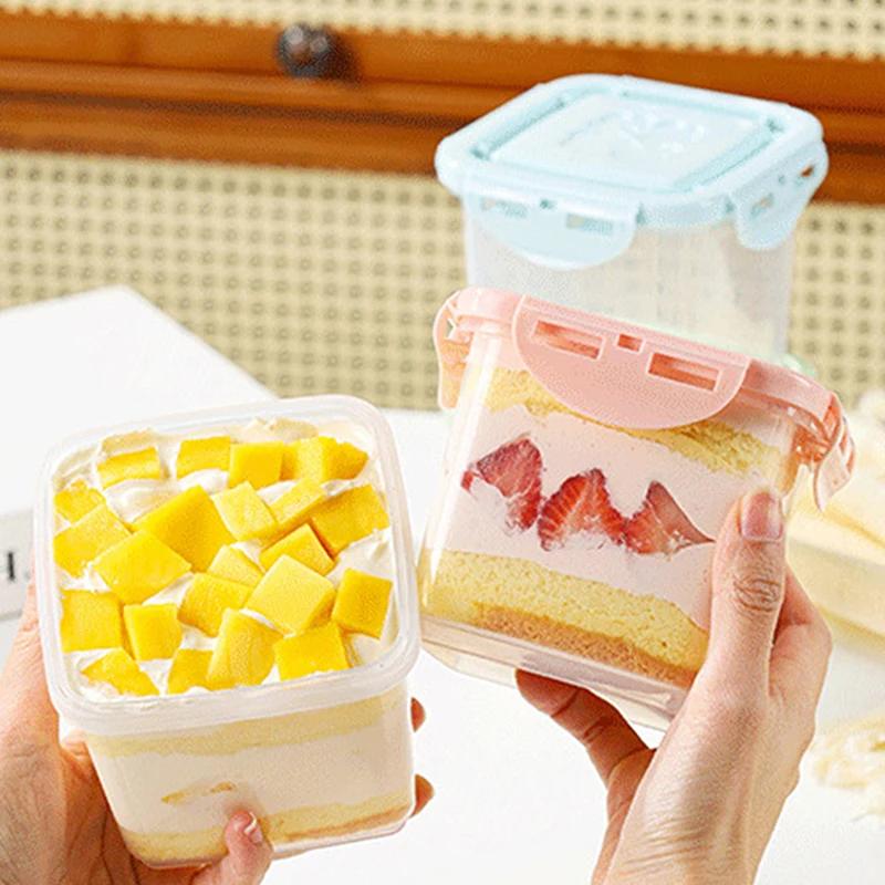 1 PC โปร่งใสสแควร์เค้กคอนเทนเนอร์ไอศกรีมปิดผนึก Jar พร้อมฝาปิดนํากลับมาใช้ใหม่กล่องขนมตู้เย็นผักผลไม้สดกล่อง