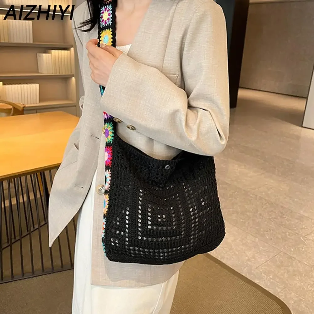 Knitted Shoulder Bag Women Crochet Tote Bag Weaving Crossbody Messenger Bag Female Knit Woven Handbag Purse Bohemian Travel Bag