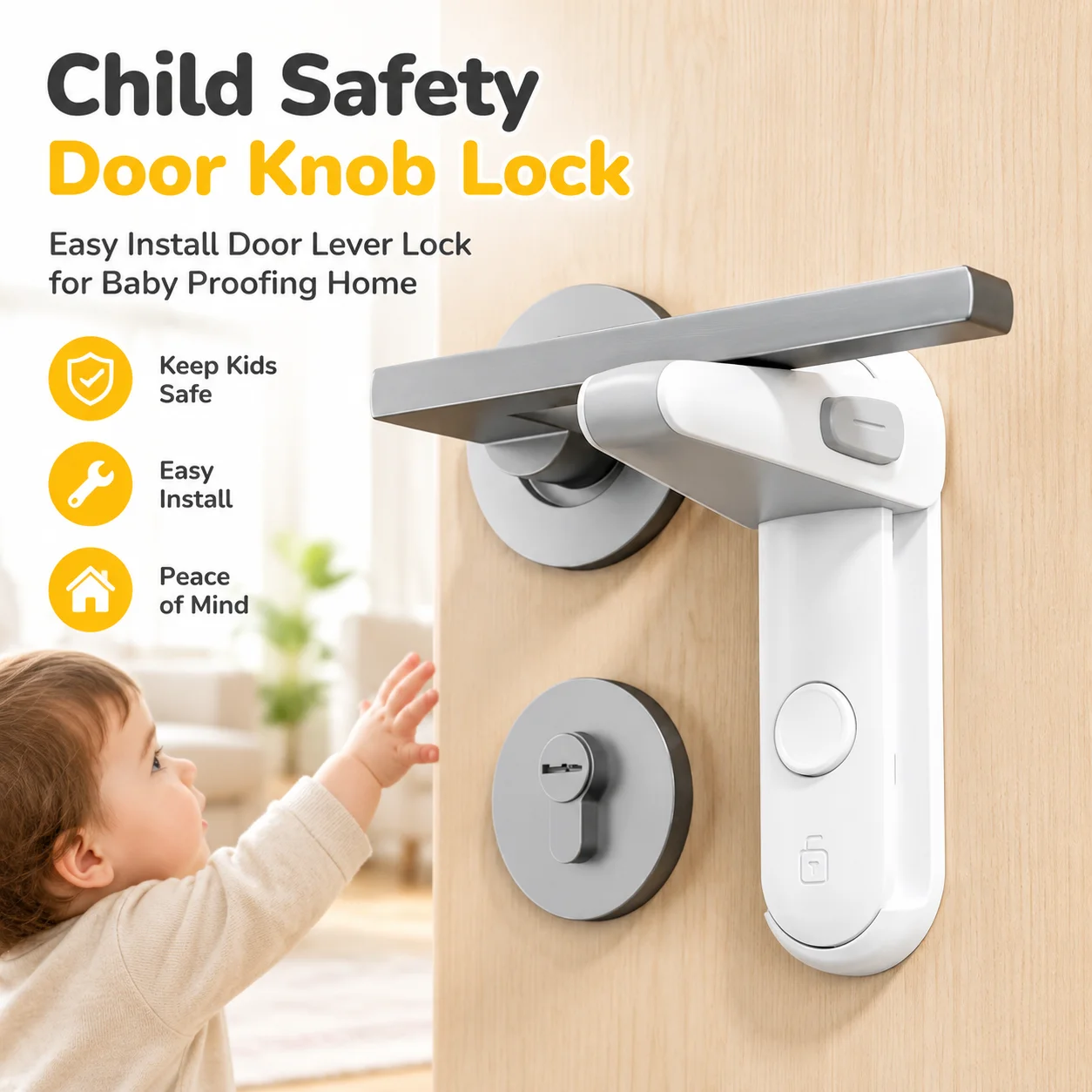 Child Safety Door Knob Lock, Easy Install Door Lever Lock for Baby Proofing Home