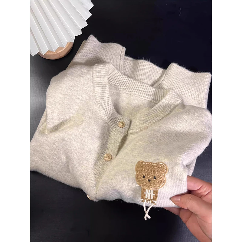 

MEXZT Kawaii Knitted Cardigan Women Korean Cartoon Bear Sweater Outerwear Preppy Cute Long Sleeve Knitwear Winter Casual Jumpers