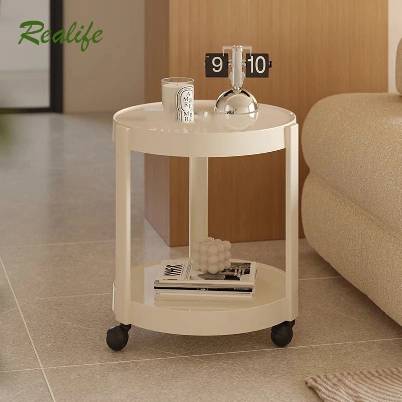 

Realife Sofa side table living room movable trolley household round coffee table cream wind bedroom bedside small round table